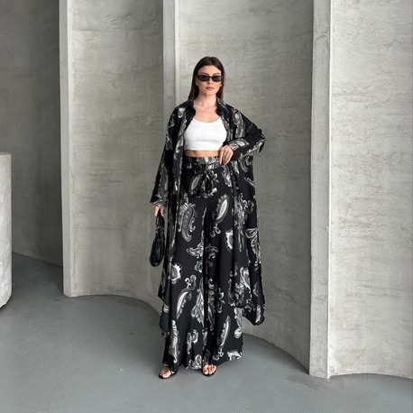 Siyah Desenli Kimono Takım
