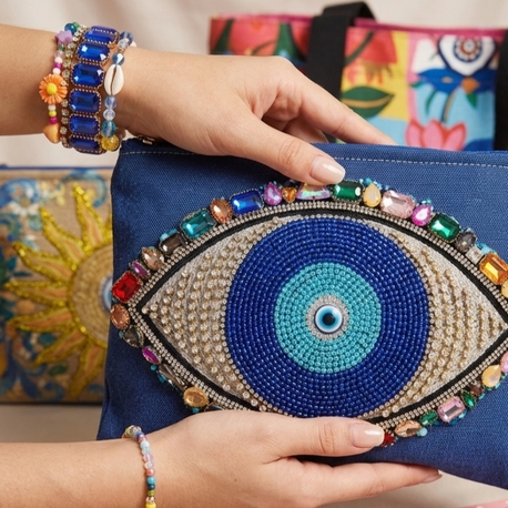Mavi göz detaylı clutch çanta & bileklik seti