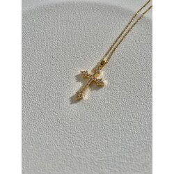 Taşlı Haç Gold Çelik Kolye