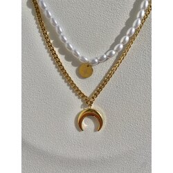Çiftli İncili Ay Gold Çelik Kolye 
