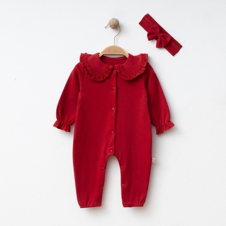Red Blossom Yakalı Organik Pamuk Bebek Tulum Seti