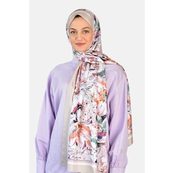 İpek Twill Lilyum Çiçek Desenli-Bej