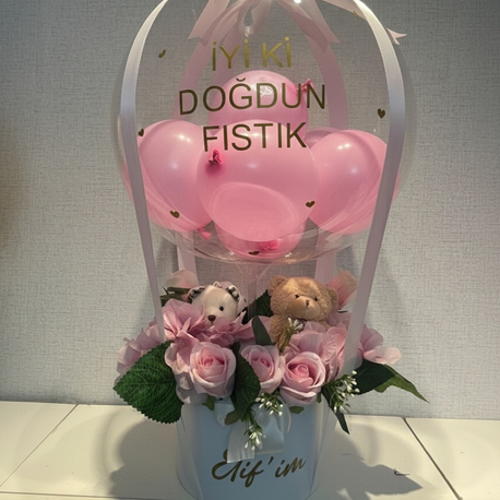 Ayıcıklı Çiçekli Doğum günü hediye Balon kutusu