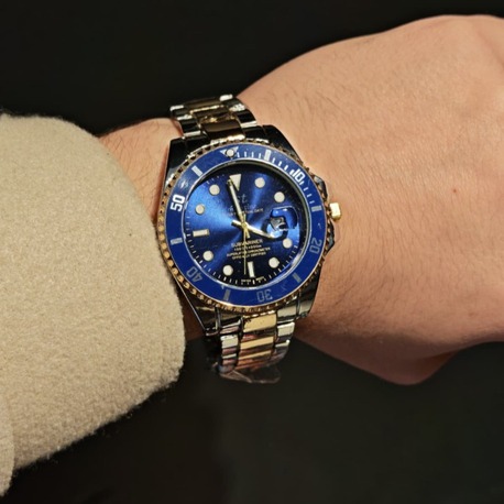 Rolex-Mavi Saat Gümüş Ve Altın Detaylı