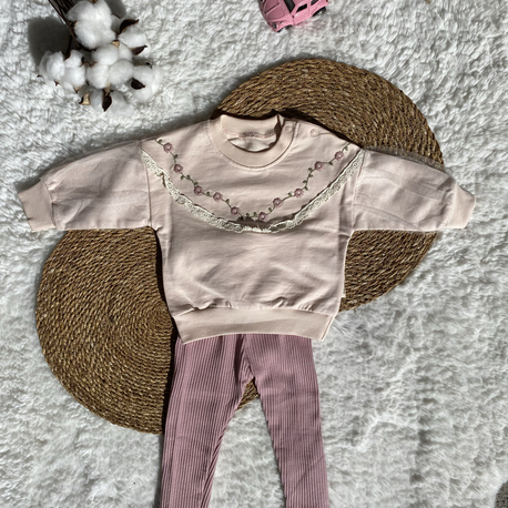 Kız Bebek İkili Takım – Çiçek Nakışlı Pudra