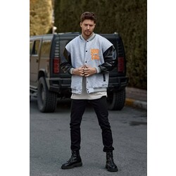 GRİ KOLLARI DERİ OVERSİZE KOLEJ CEKET