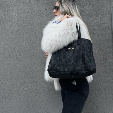Süet Siyah Hasır Deri Maxi ShoppingBag 