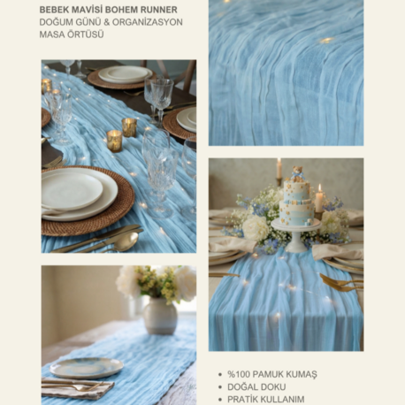Bebek Mavisi Bohem Runner -Baby Shower, Organizasyon & Davet için Masa Örtüsü 50x200