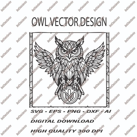 Majestic Geometric Owl Vector - Detailed Wisdom Owl Design for T-Shirts, Mugs, and Prints