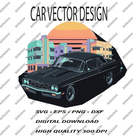 Retro Classic Car Vector Illustration - Vintage Muscle Car SVG, EPS, PNG, DXF - Digital Download