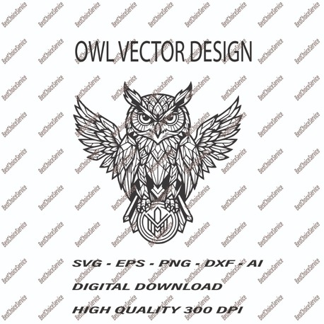 Lonely Owl Geometric Vector Art - Intricate Wisdom Owl SVG, EPS, PNG, DXF, AI - Digital Download
