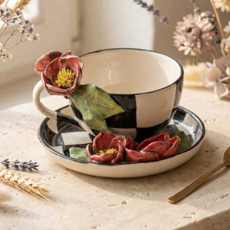 Çiçekli ekose fincan set