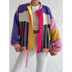 24K51321 Düğme Detaylı Renkli Bomber Ceket Pembe