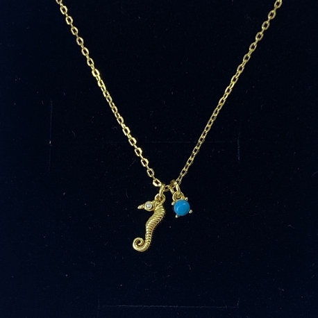 Gold Mavi Taşlı Deniz Atı Kolye | 925 Ayar Gümüş