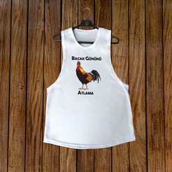 Horoz Baskılı Sporcu Tank-Top Atlet | Bisiklet Yaka Kolsuz Tişört | Bacak Gününü Atlama