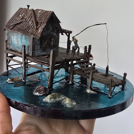 epoksi deniz üzerinde balıkçı evi ve balıkçı #diorama