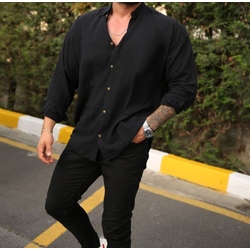 oversize keten siyah gömlek