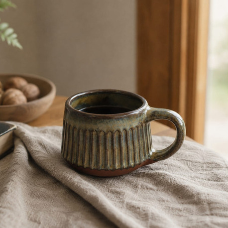Stoneware Japandi Fluted Kupa - Earthy Forest Tones