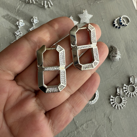 Geometrik Çift Halka Zirkon Taşlı Küpe