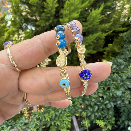 Mavi & Mor Akik Taşlı Figürlü Gold Cuff Kelepçeler