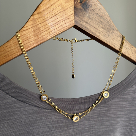 Cartier ilhamlı Roma İlhamlı Çelik Çift Sıralı Zirkon Taşlı İkili Kolye