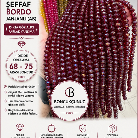 8 MM KRİSTAL ŞEFFAF ORTA BORDO JANJANLI (AB) BONCUK ✨