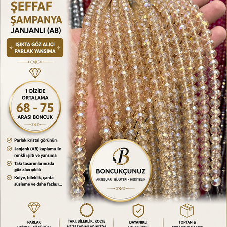 ✨ 8 MM KRİSTAL ŞEFFAF ŞAMPANYA JANJANLI (AB) BONCUK ✨