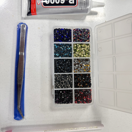 BEDAZZLE 10 Bölmeli Cam Taş Süsleme Seti B-6000 Yapıştırıcı Taş Tutma Kalemi ve Cımbızlı