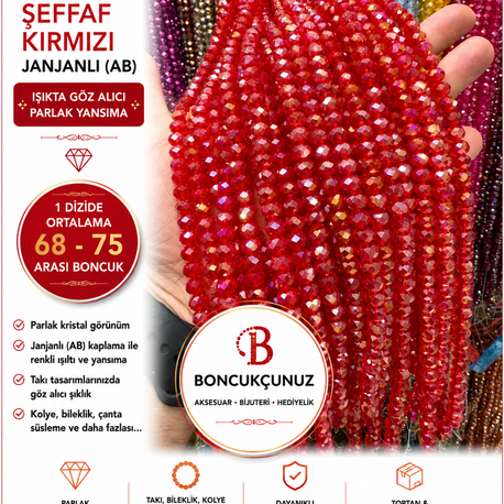 ❤️✨ 8 MM KRİSTAL ŞEFFAF KIRMIZI JANJANLI (AB) BONCUK ✨❤️