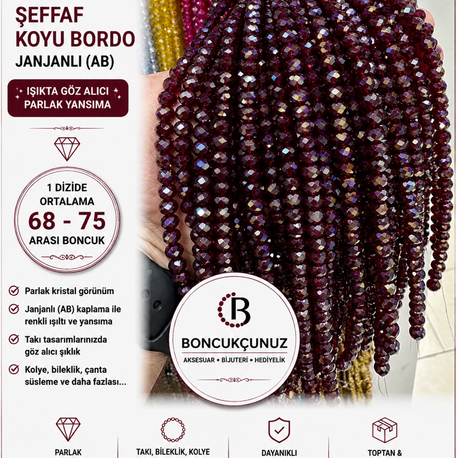  8 MM KRİSTAL ŞEFFAF KOYU BORDO JANJANLI (AB) BONCUK ✨