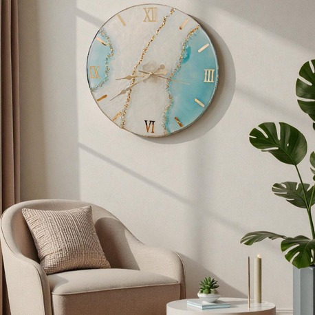 Dekoratif Mermer Desenli Duvar Saati – Gold Detaylı, 40 cm