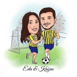 Taraftar Çift Karikatürü  - Duvar Çerçeveli