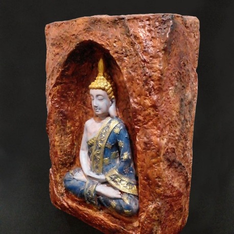Bakır Rengi Mağara İçinde Mavi-Bej Buda Tealight Mumluk