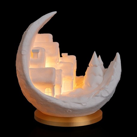 Ay Üzerinde Kış Köyü Masa Dekoru – 3D Baskı Gece Lambası Gövdesi