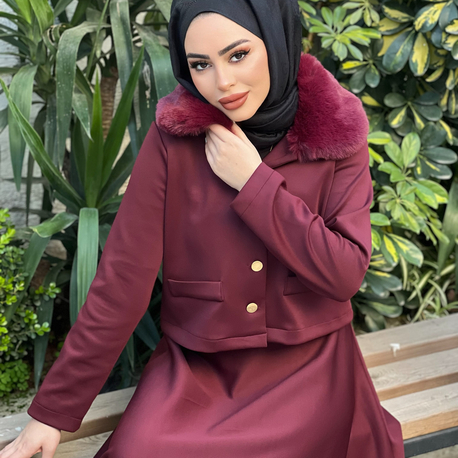 Kürk Yaka Etekli Takım Bordo 