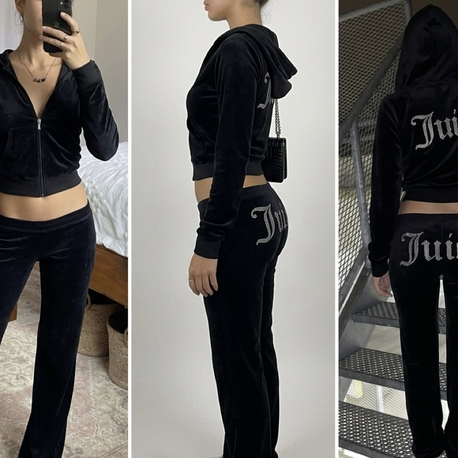 Juicy Taşlı Siyah Kadife Ekstra Düşük Bel Eşofman Takımı