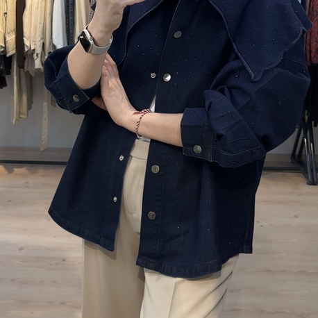 Büyük yaka detaylı Taşlı premium denim gömlek 