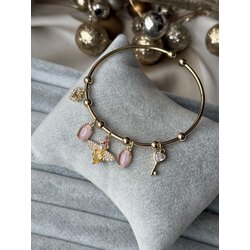 Arılı pembe taşlı gold renk şans bilekliği
