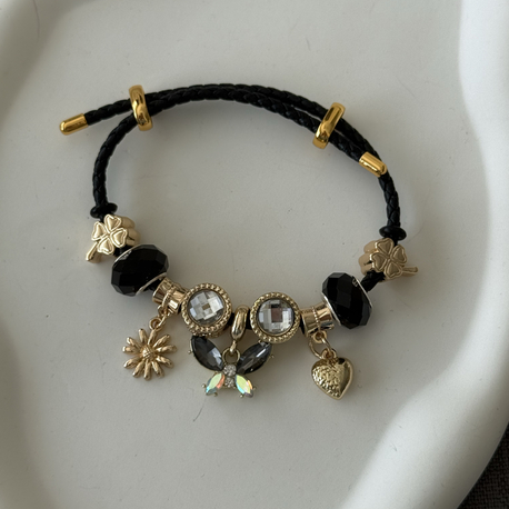 Gold charm siyah deri bileklik