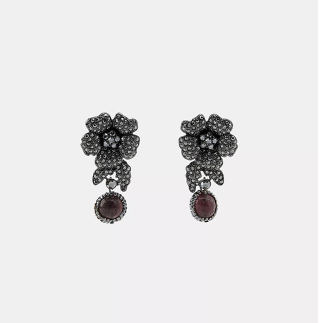 Bordo taşlı antrasit kristal çiçek küpe