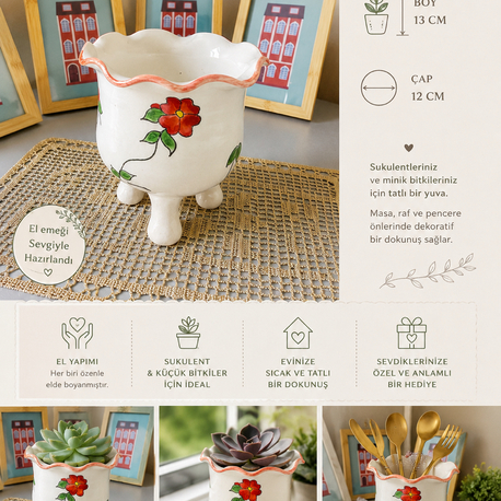 El Boyaması Güllü Seramik Sukulent Saksısı | 13 cm