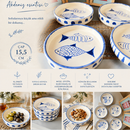 Mavi Balık Desenli Meze Tabakları