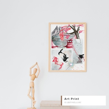 "Japanese Zen Digital Wall Art | Koi Fish Printable Poster | Cherry Blossom Landscape Download 