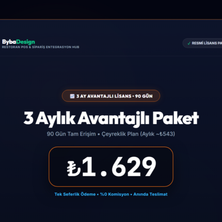 yba Design Restoran Paneli - 3 Aylık Avantajlı POS Lisansı (Çeyreklik Plan)