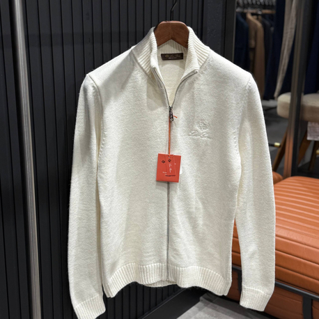 OUTLET ÜRÜNÜ İthal Lora Piana Yüm Kumaş Tam Fermuarlı Triko Polo Yaka (Beyaz-5749