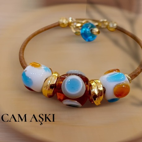 Murano Cam Trio Charm Deri Bileklik - Akik Renkli
