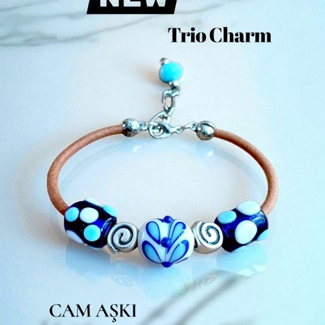 Murano Cam Trio Charm Deri Bileklik - Ebruli