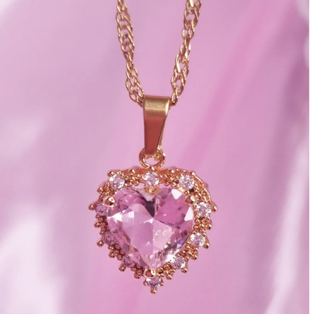 Pembe zirikon taşlı kalpli kolye 