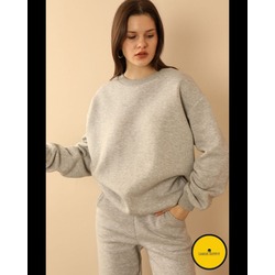 Şardonlu 3 İplik Kumaş Uzun Kol Basen Altı Boy Kadın Sweatshirt-GRİ MELANJ