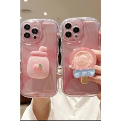 Apple IPhone Dalgalı Kenar Popsocket Şeffaf Pembe Silikon Kılıf